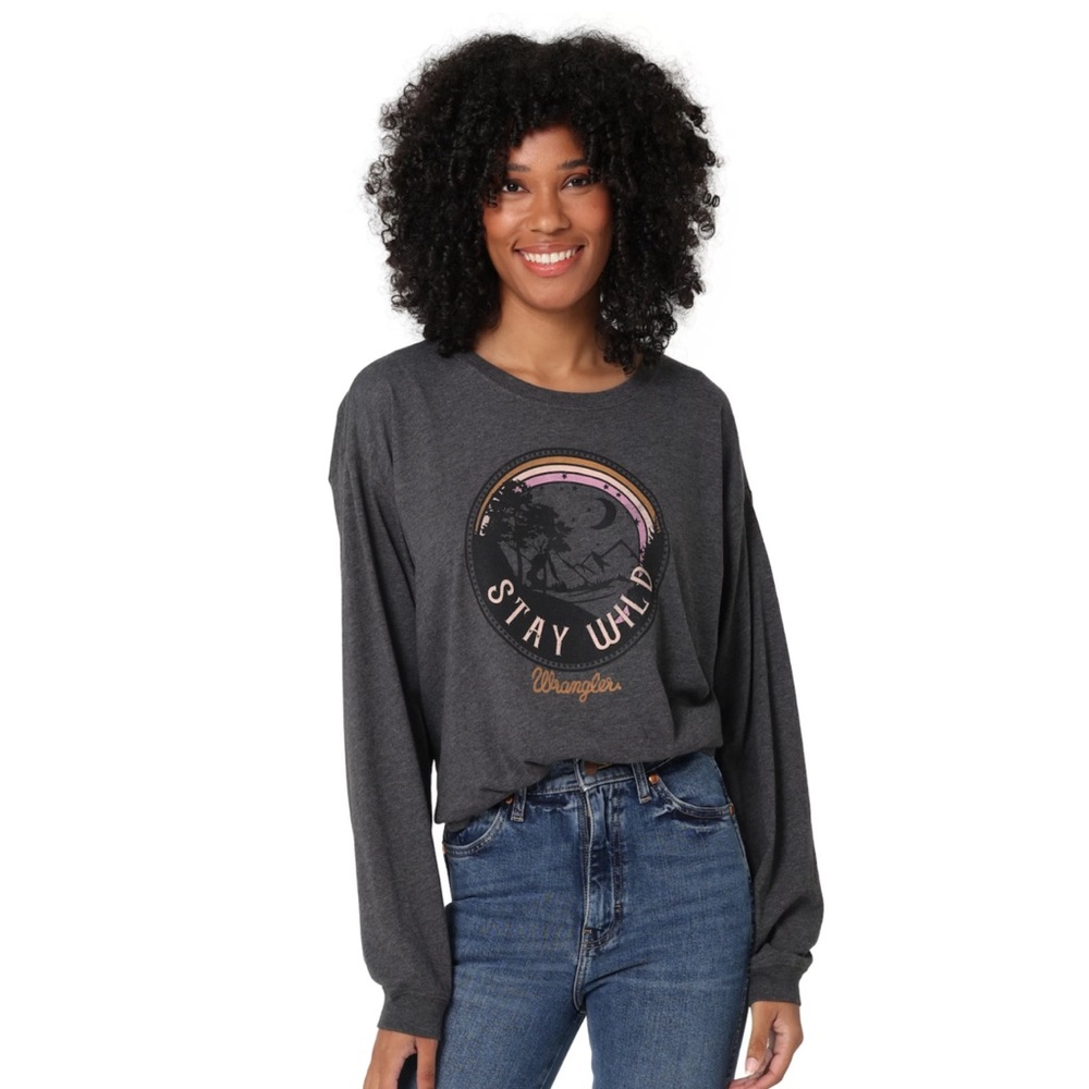 Wrangler "Stay Wild" Graphic Tee Grey Women’s Size L Western Cowgirl Relaxed Fit